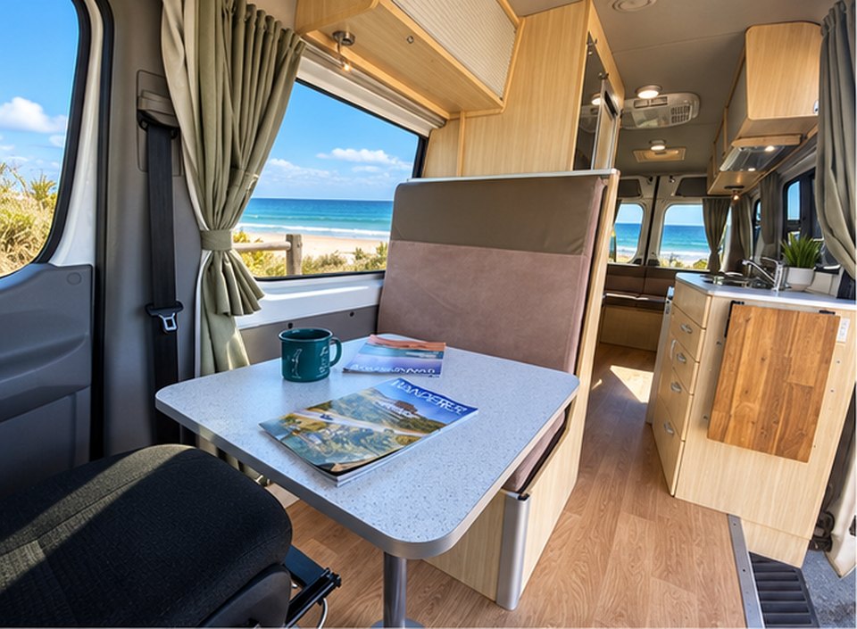 Three berth motorhome dining table and rear lounge