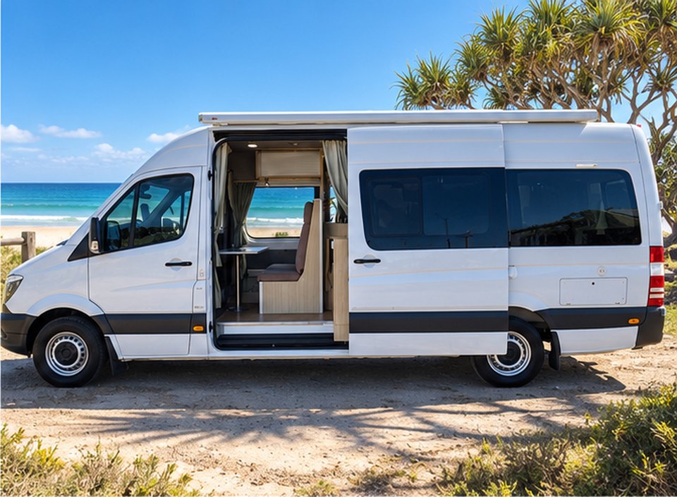 Three berth KEA Mercedes motorhome parked with the side door open