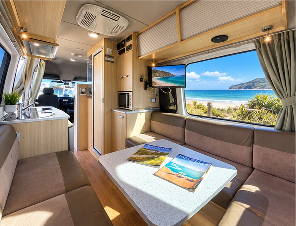 Three berth motorhome club lounge, kitchen and TV