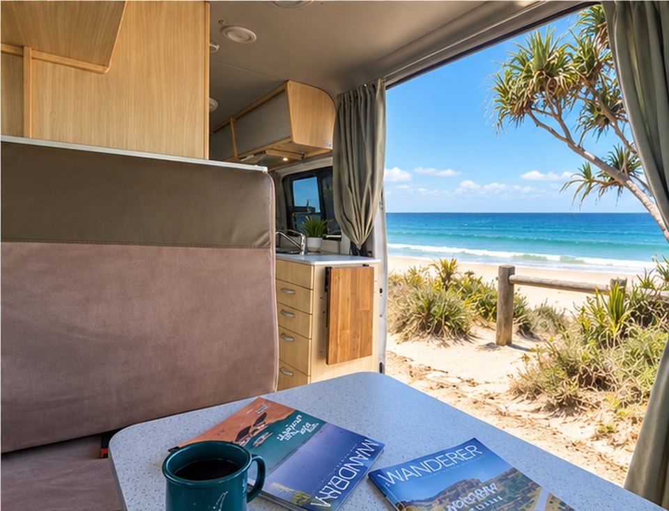 Three berth motorhome looking out through the side door