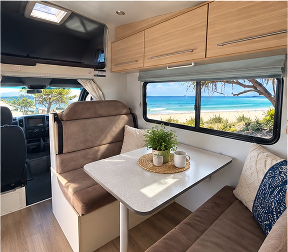 Six berth motorhome dining table and lounge