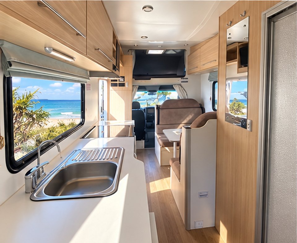 Six berth motorhome kitchen looking through to the cab
