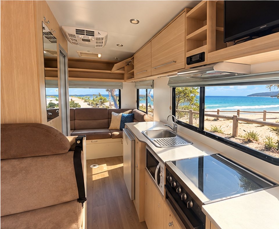 Six berth motorhome lounge, kitchen and cooktop