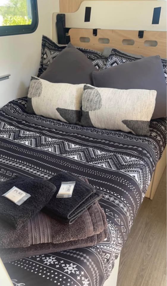 Six berth motorhome main bed made up